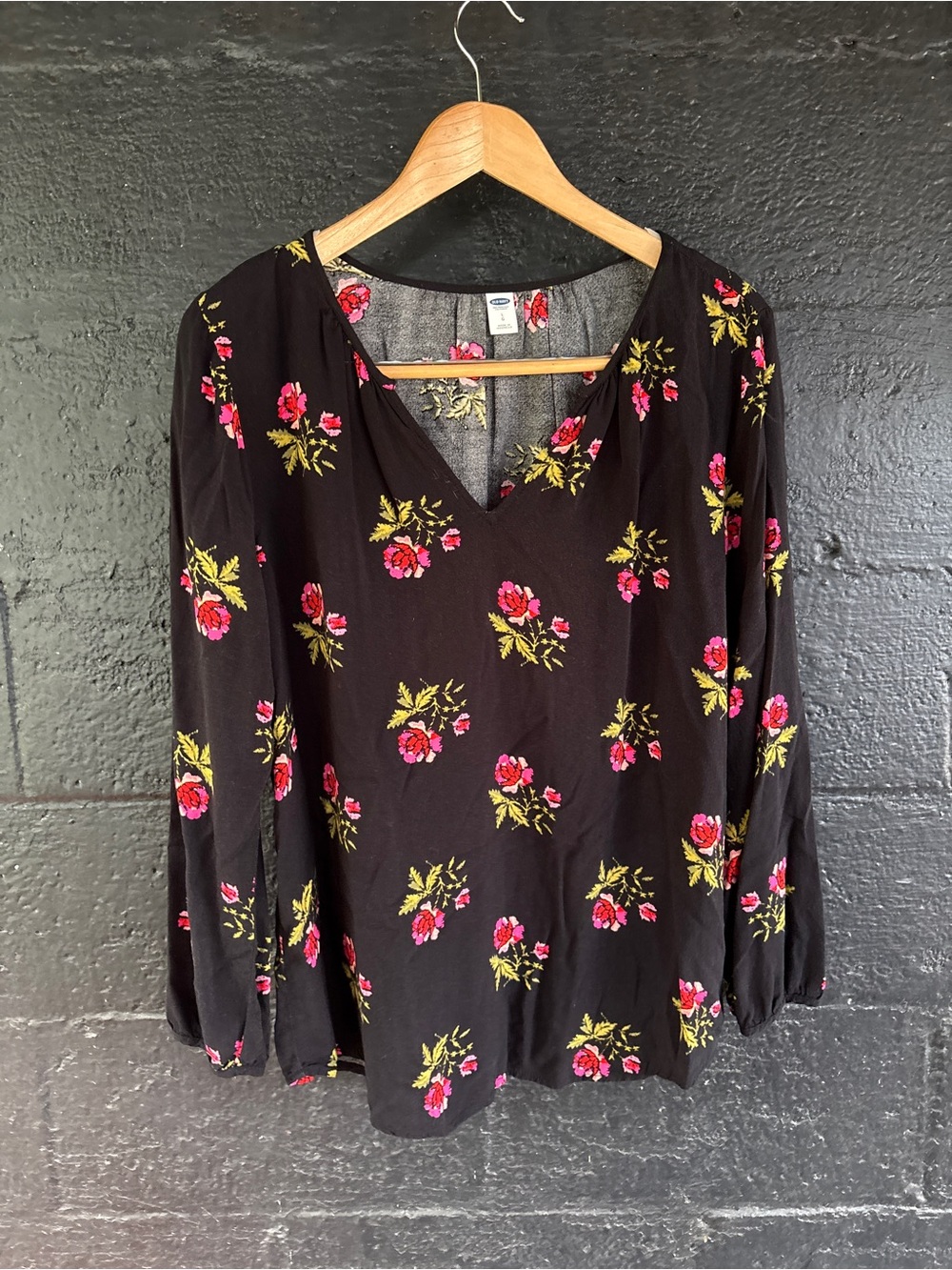 Old Navy Black V-Neck Blouse with Pink & Yellow Floral